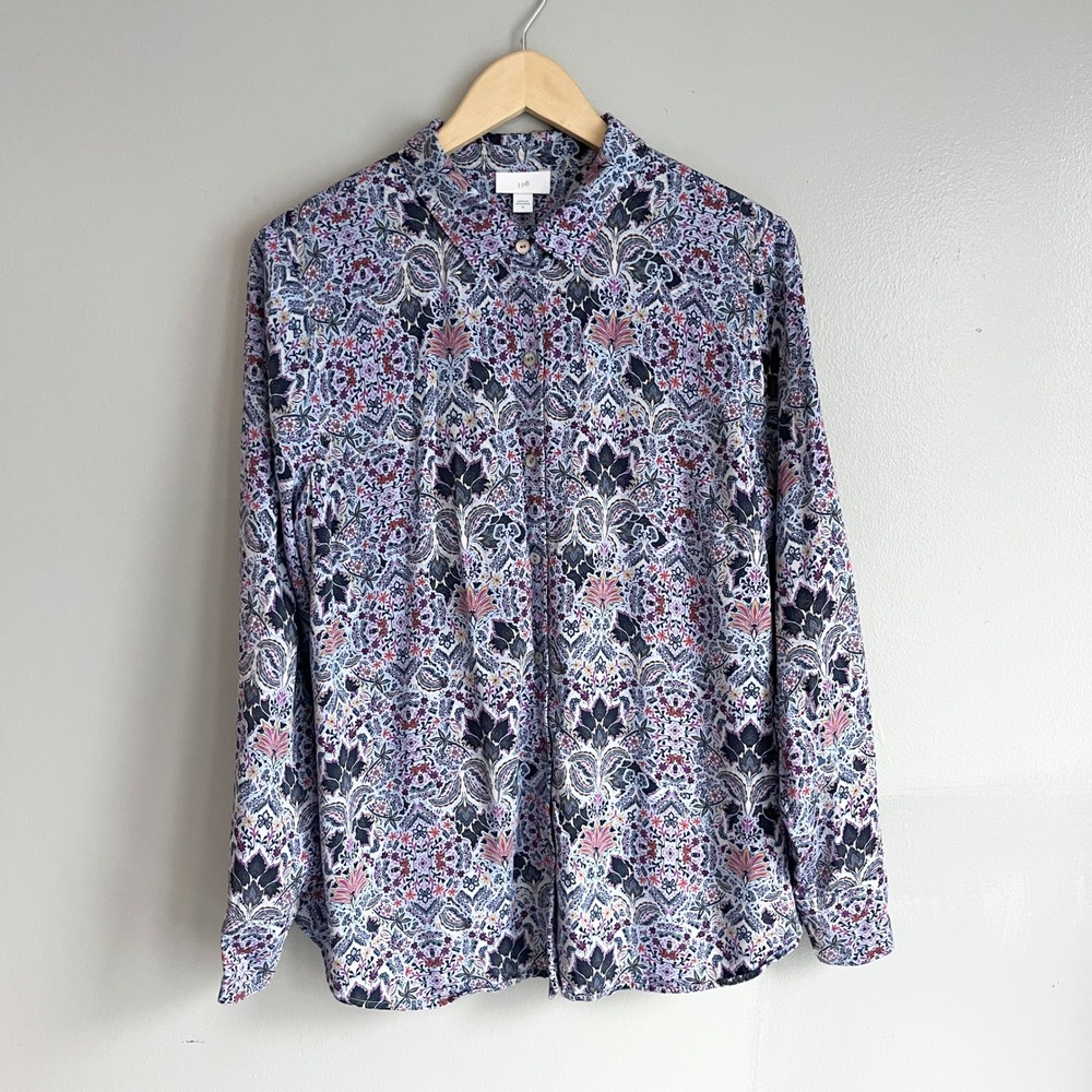 J. Jill Womens Blue Purple Paisley Floral Viscose Button Front Shirt Medium